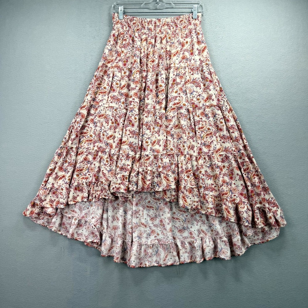 Wild Moss Tiered Maxi Skirt Womens Multi Paisley Floral High Low Smocked Waist